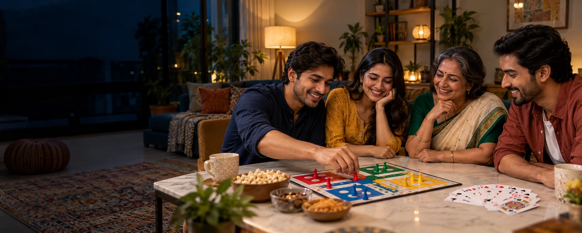 Indian family and friends enjoying traditional games in a Indian family festival card gathering at home